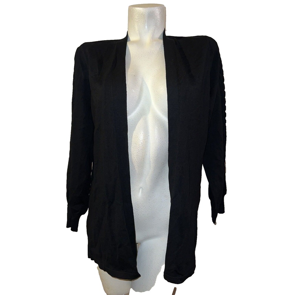 Chicos Fancy Stitch Cardigan Sweater Black Open Front Pointelle Sleeve 1 M NEW
